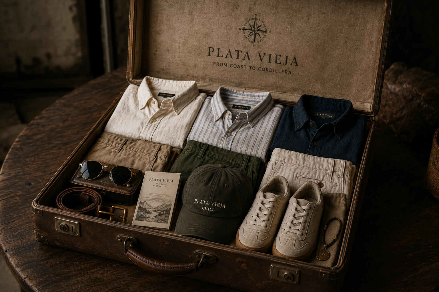 Plata Vieja Vintage Suitcase Collection Curated Plata Vieja clothing collection displayed in a vintage suitcase featuring linen shirts, pants, accessories and footwear inspired by Chilean coastal living.